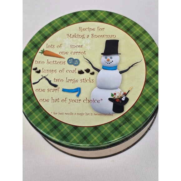 Snowman Recipe-Themed Decorative Metal Tin with Plaid Lid Homespun Medium Made I - Picture 2 of 6